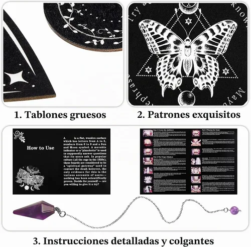 Vista 3 de Threan Tabla de adivinación de péndulo para radiestesia con conjunto de amatista, tabla de hablar de espíritu de madera, collar de péndulo