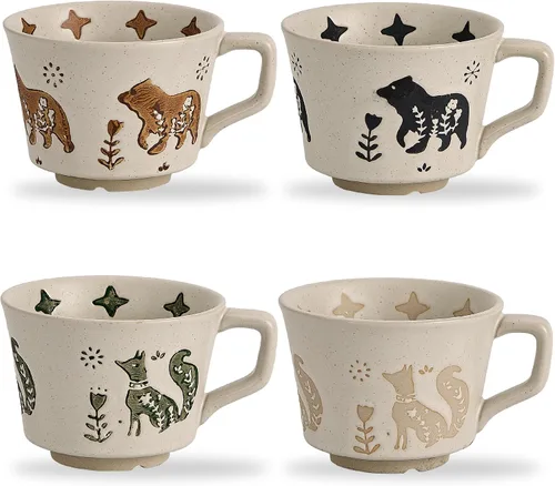 Vista 9 de Juego de 4 tazas de café de cerámica vintage de 12 onzas - Hechas a mano de gres cerámico de campo, estilo granja, para té de otoño con gran asa