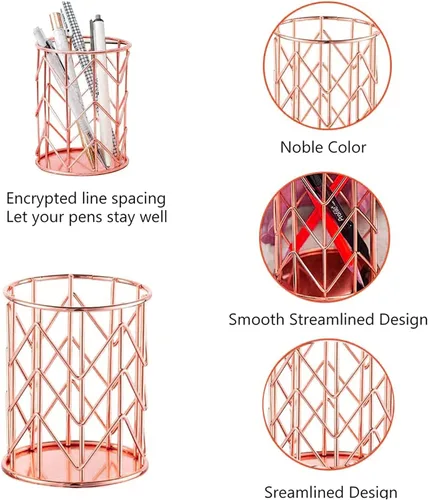 Vista 5 de Soporte para lápices de malla metálica de alambre de oro rosa, soporte para brochas de maquillaje, organizador de bolígrafos, accesorios