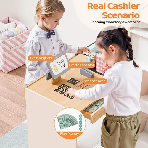 Vista 3 de JOYMOR Tienda de comestibles de juguete, juego interactivo de supermercado de madera con máquina de café expendedora, accesorios de venta y compra