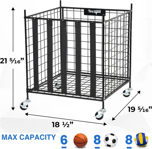 Vista 8 de YES4ALL Carrito de almacenamiento de bolas rodantes con ruedas bloqueables, soporte de baloncesto de voleibol, cubo de pelotas de juguete, jaula