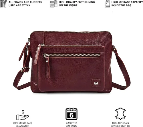 Vista 7 de Bolso cruzados pequeño y cartera de cuero auténtico granulado suave, bolso de hombro cruzado tipo bandolera de calidad prémium y triple cremallera