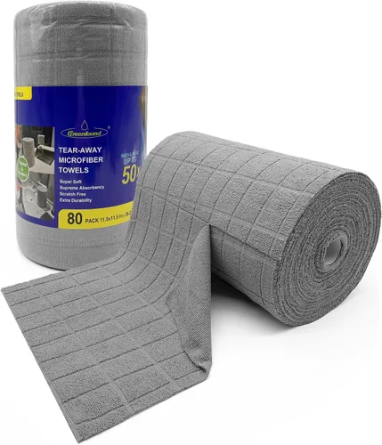 Vista 11 de Greenfound Rollo de Paños de Limpieza de Microfibra - Paquete de 80, 11.5x11.5, Toallas Desgarrables, Trapos Reutilizables y Lavables, Azul