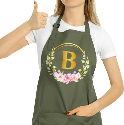 Vista 10 de ROKO CLOTHING Delantal de iniciales personalizadas con bolsillos, delantales de cocina personalizados para mujeres para hornear cocinar cuello