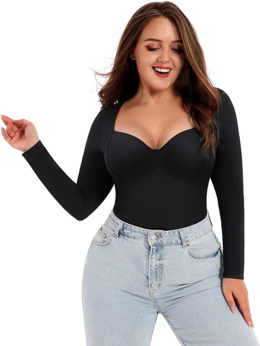 Vista 3 de FeelinGirl Seamless Long Sleeve Thong Bodysuit for Women Tummy Control Shapewear Bodysuit