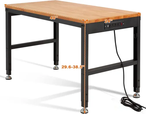 Vista 6 de Haddockway Banco de trabajo ajustable para garaje, mesa de trabajo de madera de caucho de 48" x 24" con tomas de corriente, capacidad de carga