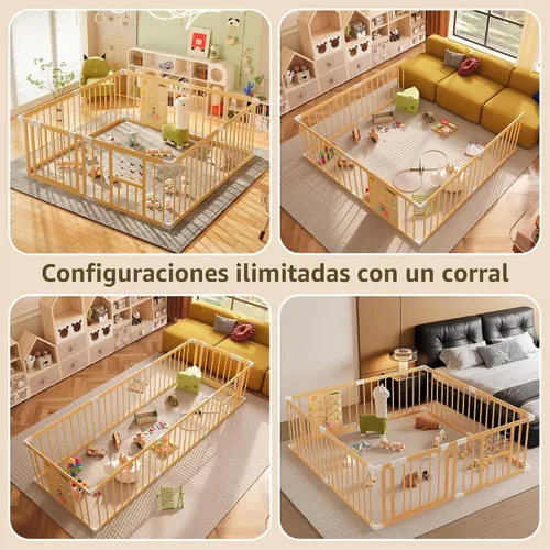 Vista 7 de Xilingol Corralito de madera para bebés con puerta de bloqueo, corralito extragrande para bebés y niños pequeños, centro de actividades