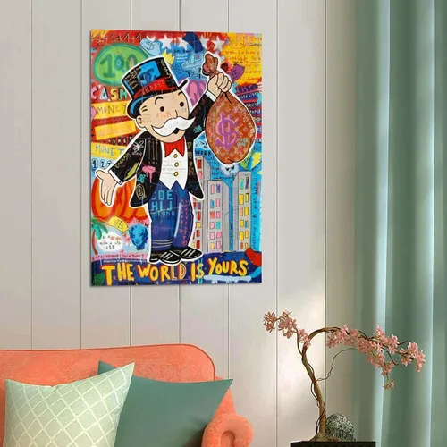 Vista 4 de Monopolys Graffiti Money The World Is Yours - Póster de arte en lienzo y arte de pared, póster moderno para decoración de dormitorio familiar, 16 x