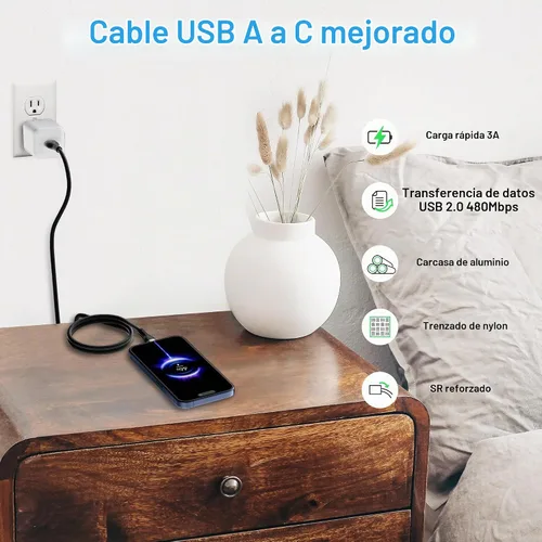 Vista 5 de Cable USB C (1 pie/12 pulgadas, paquete de 10), cable USB A a USB, carga