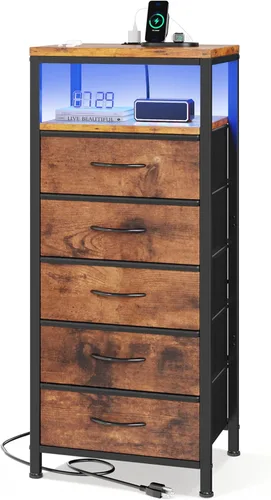 Vista 14 de Sweetcrispy Mesita de noche con estación de carga, mesa auxiliar con 3 cajones de tela, puertos USB y tipo C con salidas de CA, pies ajustables