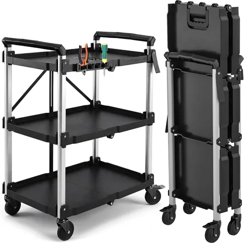 Vista 10 de YITAHOME - Carrito utilitario plegable de 3 niveles con ruedas (2 frenos), 240 libras