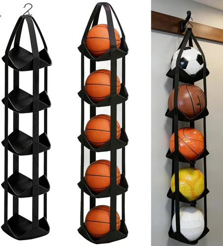 Vista 5 de BOXIN Organizador de almacenamiento de bolas colgantes de 5 niveles con gancho para todas las pelotas deportivas, organizador de equipo deportivo