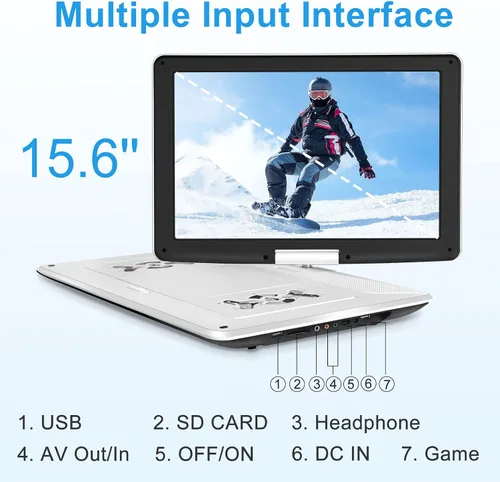 Vista 5 de Reproductor de DVD portátil de 17.9 pulgadas con pantalla HD grande de 15.6 Blanco