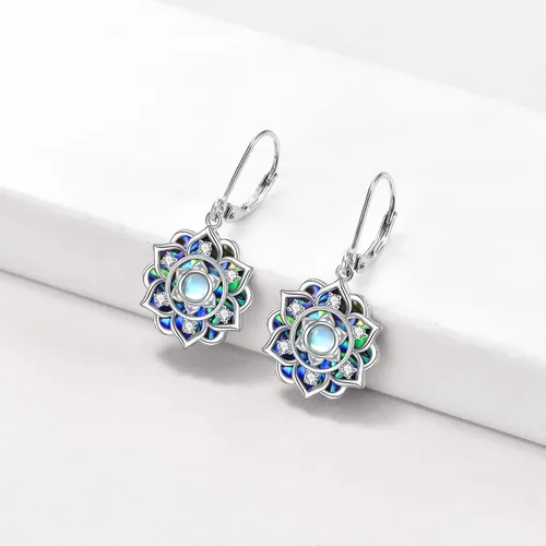 Vista 3 de Aretes de plata de ley con piedra lunar de loto con concha de abulón, flor de loto, aretes colgantes para yoga, joyería para el día de la madre