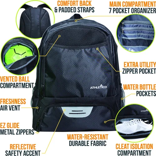 Vista 2 de Athletico - Mochila de fútbol juvenil, mochilas para baloncesto, voleibol y fútbol americano Incluye compartimentos separados para tacos y pelota