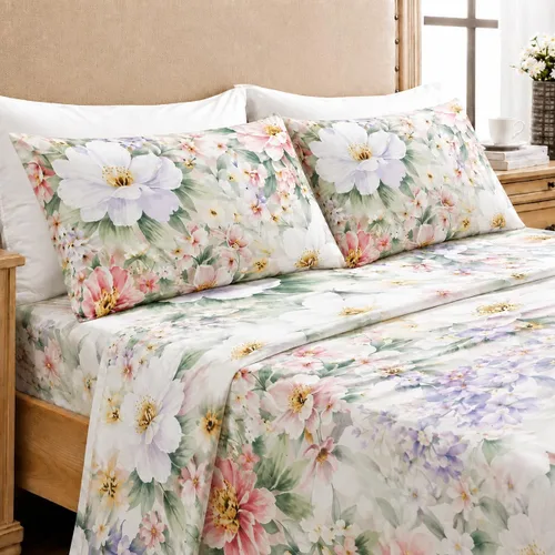 Vista 15 de YIYEA Juego de sábanas individuales, sábanas de hotel de calidad de 1800 hilos de microfibra doble cepillada con flores para cama individual, extra