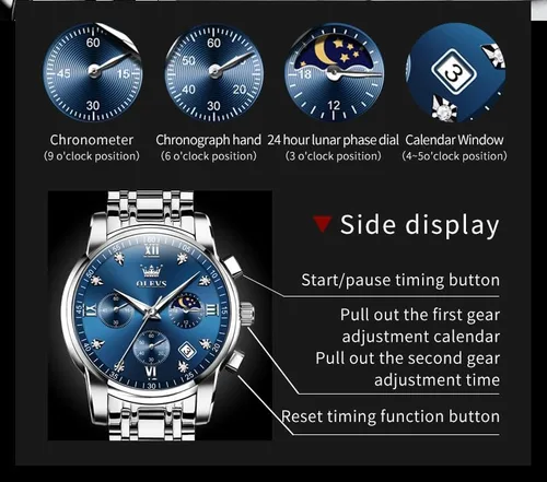 Vista 6 de OLEVS Watch for Men Diamond Business Dress Analog Quartz Stainless Steel Waterproof Luminous Date Two Tone Luxury Casual Wrist Watch Blue