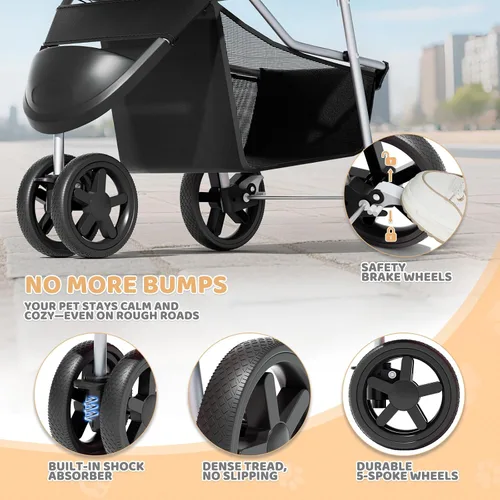 Vista 8 de Magshion Cochecito para mascotas de 3 ruedas, cochecito de viaje plegable para perros y gatos pequeños y medianos (hasta 33 libras), transportador