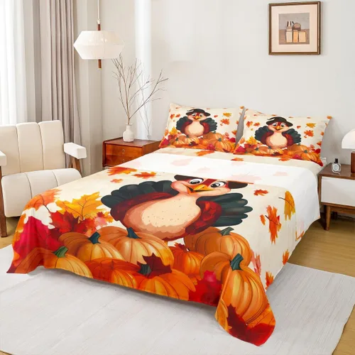Vista 17 de Erosebridal Lindo juego de sábanas de pavo tamaño individual para niños y niñas, juego de sábanas de cosecha de Acción de Gracias, decoración