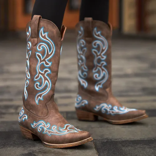 Vista 6 de HISEA Rollda - Botas vaqueras occidentales para mujer, botas vaqueras con tacón grueso, botas de media pantorrilla para mujer