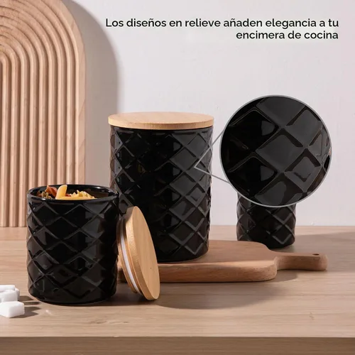 Vista 3 de Sweejar Juego de recipientes de cerámica para encimera de cocina, tarro de almacenamiento de alimentos en relieve con tapa de bambú, recipiente