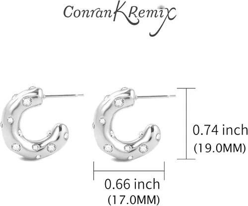 Vista 2 de Aretes de aro pequeños y gruesos de oro con diamantes ligeros para mujer