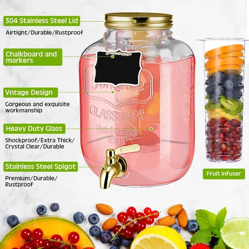 Vista 5 de Lallisa 3 dispensadores de bebidas de 2.5 galones para fiestas, dispensador de agua de bebidas de vidrio con soporte, de acero inoxidable, a prueba