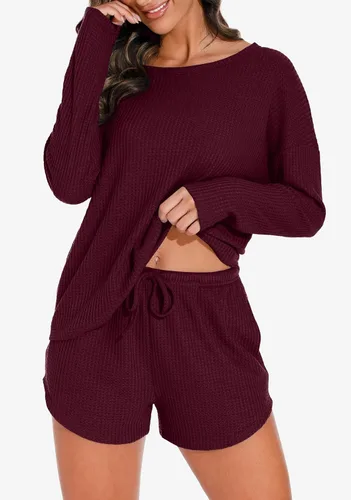 Vista 3 de PrinStory Conjunto de pijama para mujer, conjunto de 2 piezas de punto gofre, conjunto de ropa de descanso con bolsillos