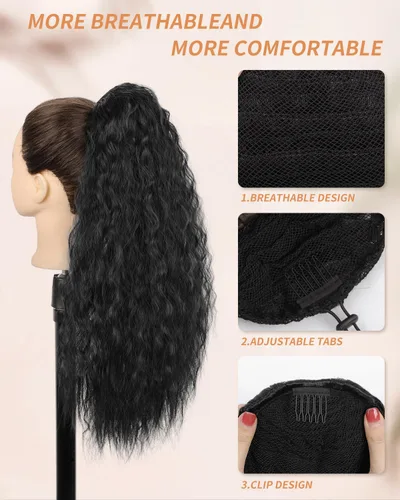 Vista 2 de Extensiones de pelo largo para cola de caballo ondulado con cordón de 22 pulgadas, cabello sintético con cordón, para mujer