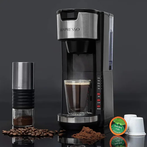 Vista 5 de Mixpresso - Cafetera negra para una porción, compatible con cápsulas K-Cup y café molido, cafetera compacta de 30 oz con 5 tamaños de preparación