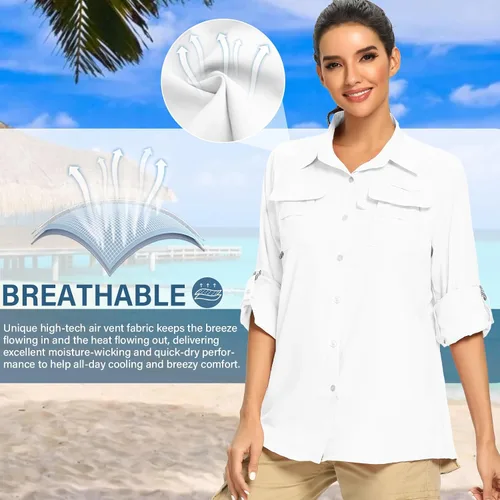Vista 7 de Camisas de manga larga UPF 50 para mujer, protección solar UV, safari, secado rápido, pesca, senderismo, viajes