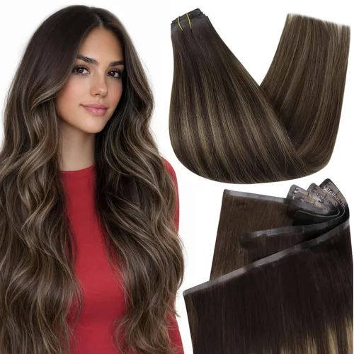 Vista 39 de Full Shine Extensiones de Cabello Rubio con Clip Reflejos Cabello Humano Extensiones con Clip Rubio Ceniza Mezcla Rubio Decolorado PU Extensiones