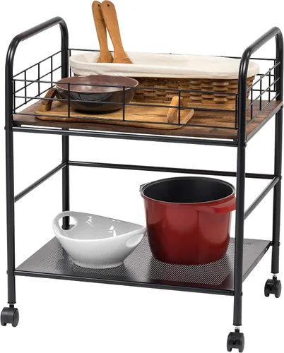 Vista 8 de IRIS USA Carrito rodante de almacenamiento de cocina de 2 niveles con ruedas giratorias con cerradura, estación de café, estante de despensa, bar