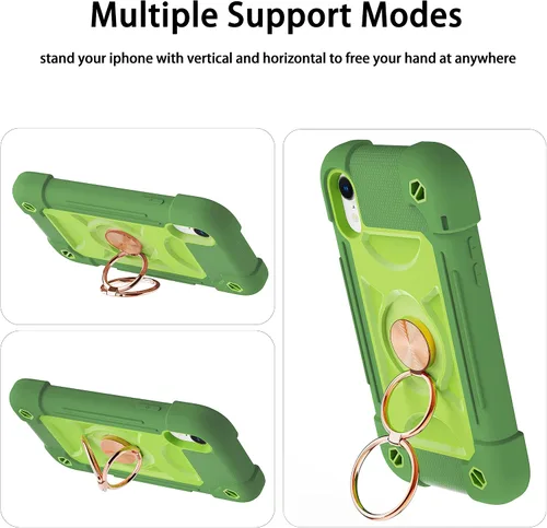 Vista 6 de Funda para iPhone XR de 6.1 pulgadas con soporte de anillo, con 2 protectores de pantalla de vidrio, resistente a los golpes, resistente a
