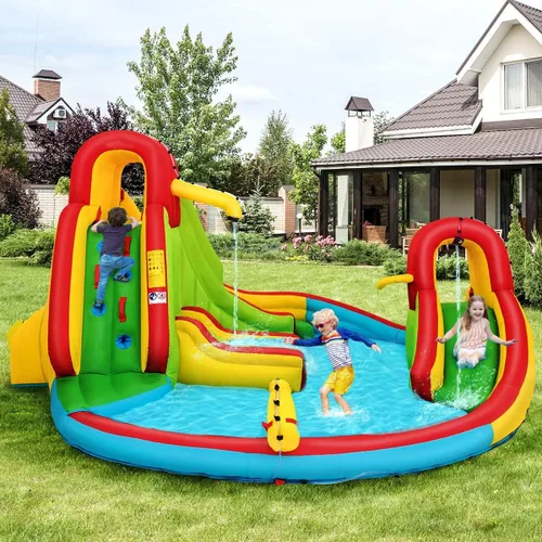 Vista 2 de KOTEK Tobogán acuático inflable, tobogán acuático 8 en 1 con 2 toboganes, 2 paredes de escalada, piscina y cañón de agua, toboganes acuáticos