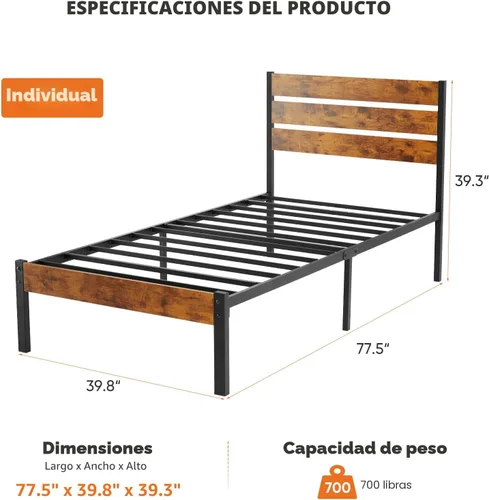 Vista 2 de Sweetcrispy Base de cama de plataforma de metal tamaño individual – Base de colchón con cabecera y estribo, no necesita somier, con soporte