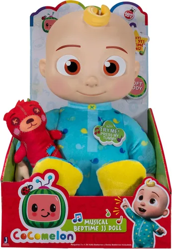 Vista 4 de CoComelon Muñeco de Peluche Musical JJ - Presiona la Barriguita para Cantar Clips de Canciones de Cuna - Incluye Función y Pequeños Osos de Peluche