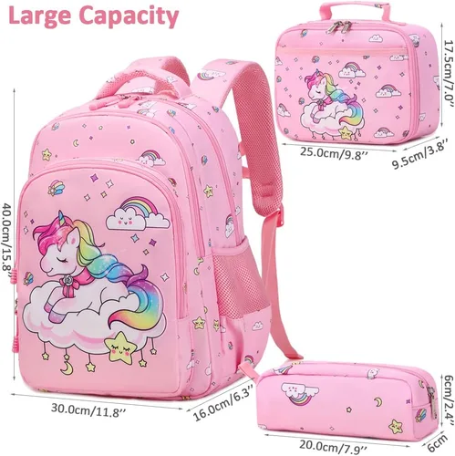 Vista 9 de Juego de mochila para niñas y adolescentes, mochila escolar para niños con bolsa para el almuerzo, estuche para lápices, mochilas escolares