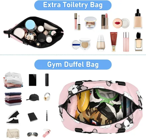 Vista 6 de Bolsa de viaje deportiva de bulldog francés para mujeres y hombres, bolsa de gimnasio con compartimento para zapatos, bolsillo húmedo, bolsas