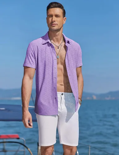Vista 3 de COOFANDY Camisa de playa con botones para hombre, de manga corta, informal, para vacaciones, verano, tropical