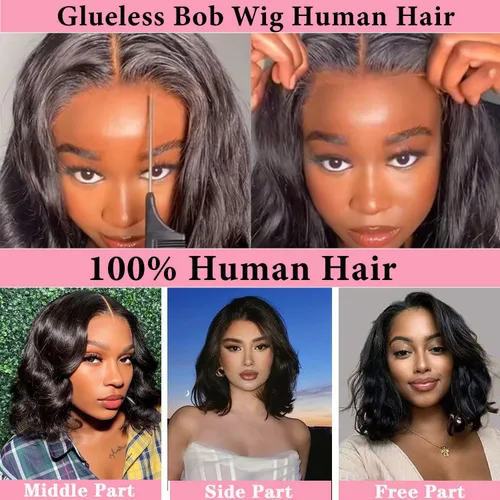 Vista 5 de Wear and Go - Peluca estilo Bob sin pegamento, pelucas de cabello humano con ondas corporales y encaje frontal para mujeres negras, cierre de encaje