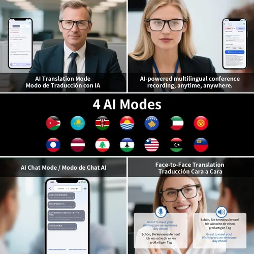 Vista 4 de Lentes inteligentes AI, admiten traducción en tiempo real en 169 idiomas con aplicación, micrófono y altavoces de sonido de oído abierto, traductor