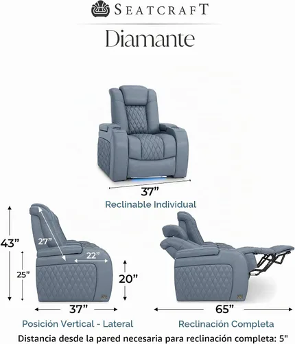 Vista 2 de Seatcraft Diamante - Asiento de cine en casa, sillón reclinable individual Azul ahumado