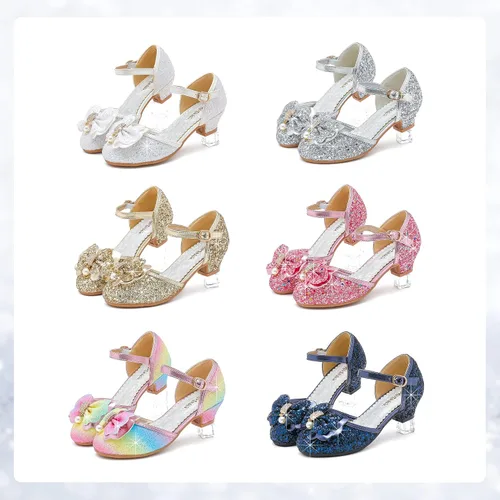 Vista 7 de Sandalias para niñas, tacones cerrados, para boda, fiesta, princesa, lazo con lentejuelas para niños pequeños y grandes