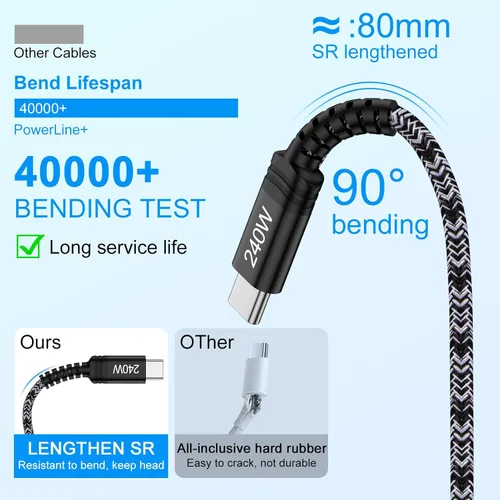 Vista 4 de Cable de carga USB C súper rápido para Samsung S26 de 240 W, cable de carga tipo C a tipo C, cable de 6 pies, paquete de 2 para Samsung Galaxy S26