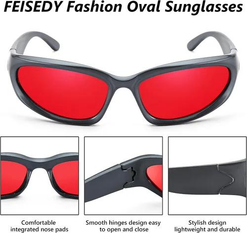 Vista 3 de FEISEDY Gafas de sol futuristas envolventes ovaladas y frescas Y2K con marco grueso, vintage de los años 90 para hombres y mujeres, B2951