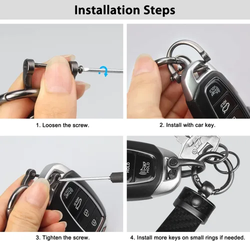 Vista 5 de QBUC Llavero de coche estilo fibra de carbono, llavero portallaves de cuero de microfibra para hombres y mujeres, con giratorio de 360 grados, Negro