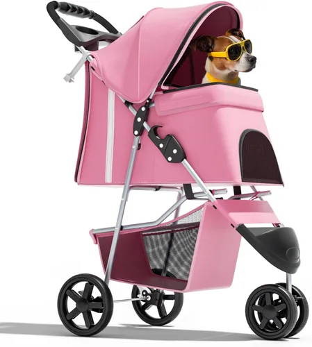 Vista 17 de Magshion Cochecito para mascotas de 3 ruedas, cochecito de viaje plegable para perros y gatos pequeños y medianos (hasta 33 libras), transportador