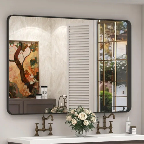Vista 43 de Espejo rectangular para pared de baño de 20x30 pulgadas con marco negro mate, espejo de tocador con esquinas redondeadas, espejo de baño de metal