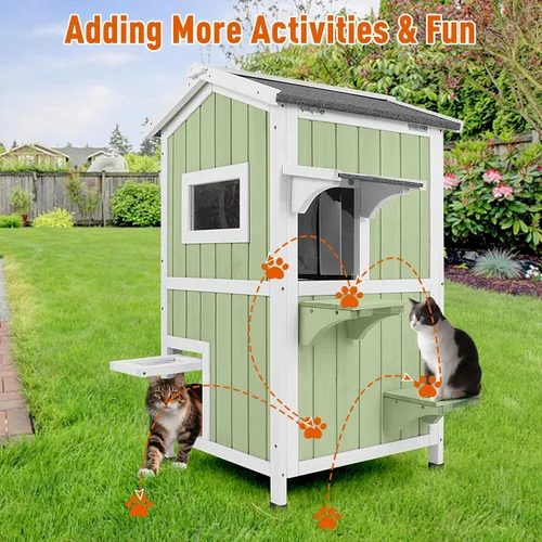 Vista 7 de Casa cálida aislada para gatos de 2 pisos, refugio resistente a la intemperie para gatos con 2 plataformas, capas térmicas, 2 puertas de escape